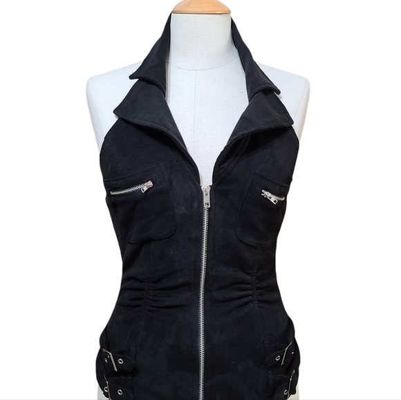 Tops - *SOLD* Black Sexy Halter Top Velvet Feel Stretchy Full Zip